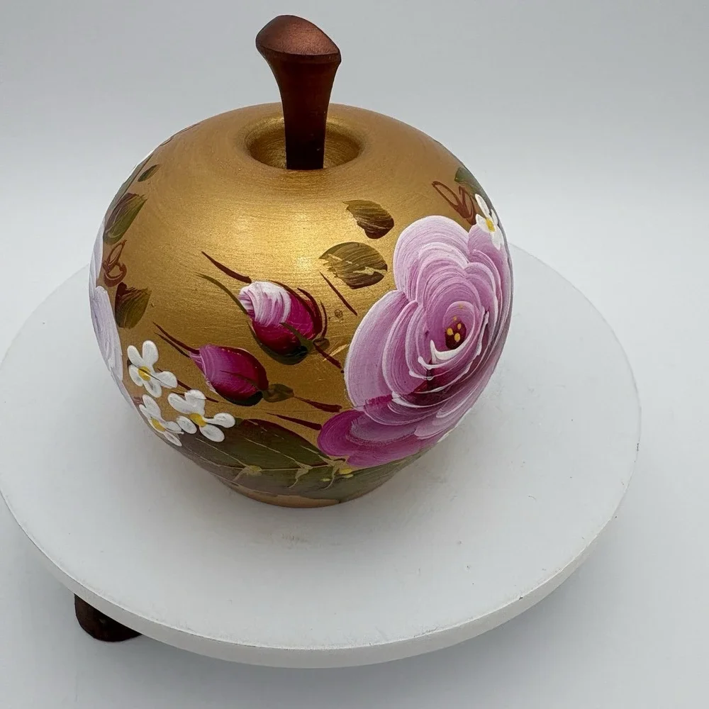 Hand-Painted Wooden Apple Trinket Dish Gold Shimmer‎